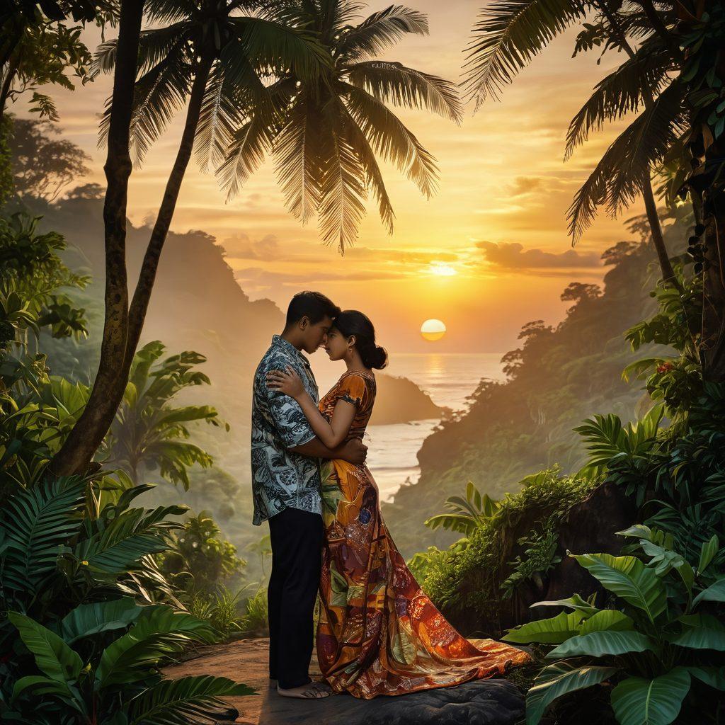 A tropical Indonesian landscape at sunset with lush greenery, intricate batik patterns softly integrated into the foliage. In the foreground, a couple engaged in a tender embrace, symbolizing passion and intimacy. Ethereal, flowing fabrics surround them, shimmering in warm golden light. The atmosphere exudes mystery and allure, inviting the viewer into a world of desire and romance. vibrant colors. super-realistic. 