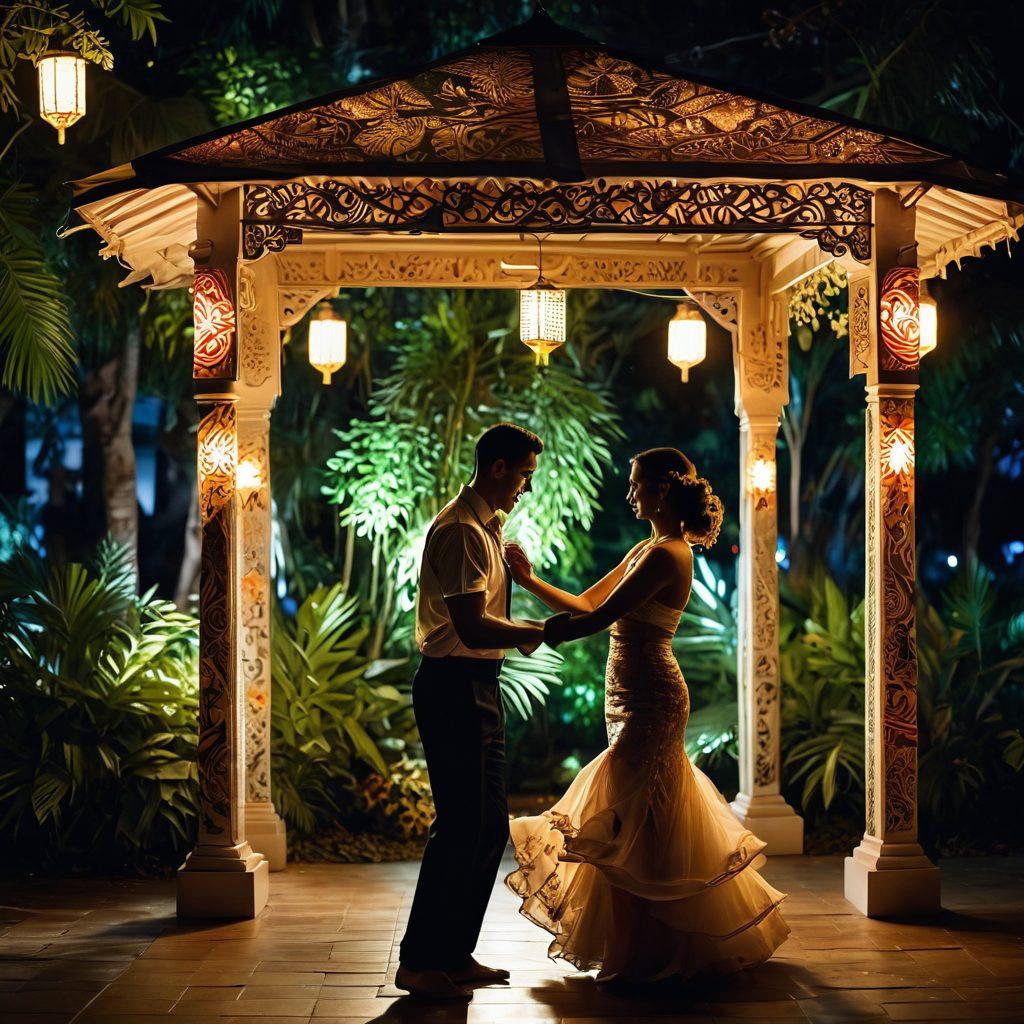 A dynamic scene capturing a couple dancing under a beautifully decorated outdoor lantern-lit canopy, with tropical Indonesian elements like lush greenery and traditional patterns around them. Their expressions showcase a mix of intimacy and passion, while blurred silhouettes of traditional dancers can be seen in the background. The colors reflect warm romantic tones with a hint of vibrancy. tropical aesthetic. dreamy atmosphere. super-realistic.