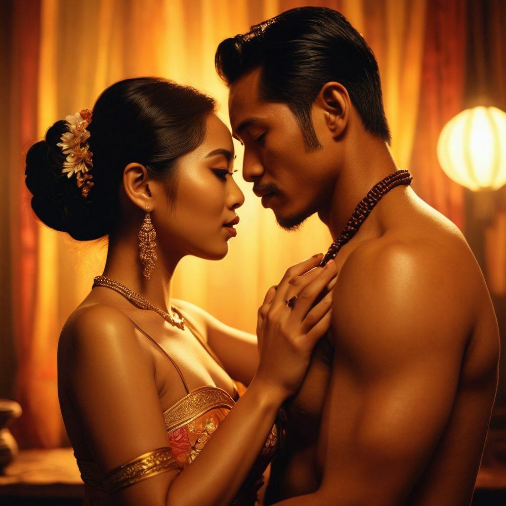 A captivating scene depicting a cinematic moment from an Indonesian adult film, showcasing intimate couples in a passionate embrace, rich traditional Indonesian backgrounds with cultural elements, warm lighting that emphasizes desire and connection, and subliminal hints of film reels to represent the movie aspect. super-realistic. warm colors. vibrant atmosphere.